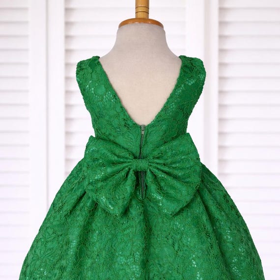 kelly green lace dress Floral French Flower Girl Ankle Length V-back Spring Girl Fully Lined