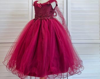 burgundy childrens bridesmaid dresses Little Kids Burgundy Trailing Mesh Dresses Lace Flower Girl Communion Dress Bandage Asymmetrical Prom Gown, Burgundy / 150cm