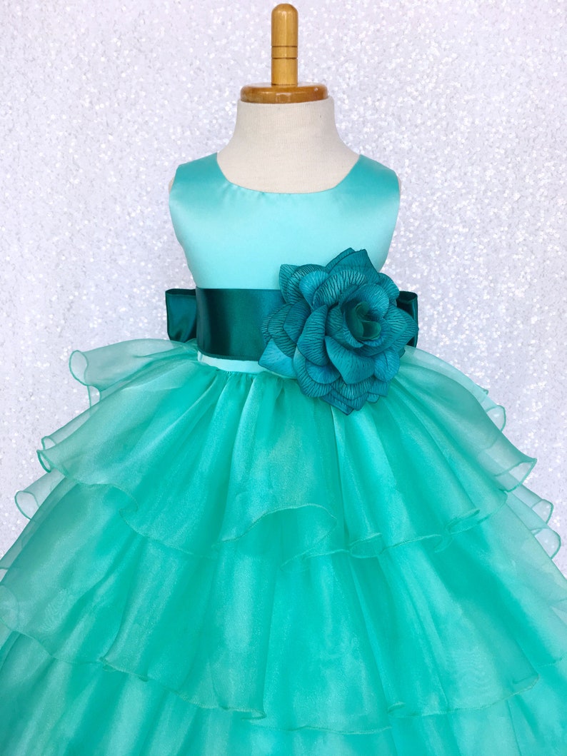 Aqua Organza Ruffle Dress Teal Satin Sash Flower Girl Wedding - Etsy