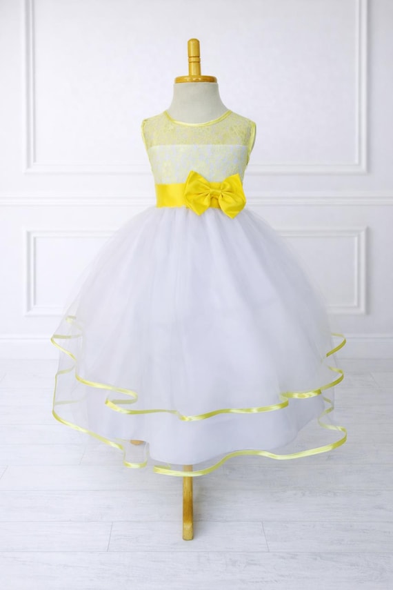 Flower Girl Yellow Floral Lace White Tulle Keyhole Back Ankle Length Dress Flower Girl Yellow Floral Lace White Tulle Keyhole Back Ankle Length Dress