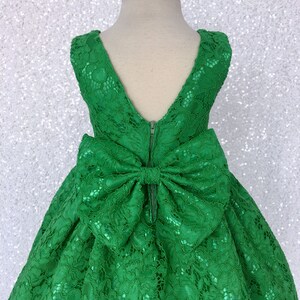 Holiday Spring Christmas Wedding Kelly Green French Lace Gown Bow Birthday Junior Toddler Easter Summer Holiday Pageant Photoshoot 2 4 6 8 image 4