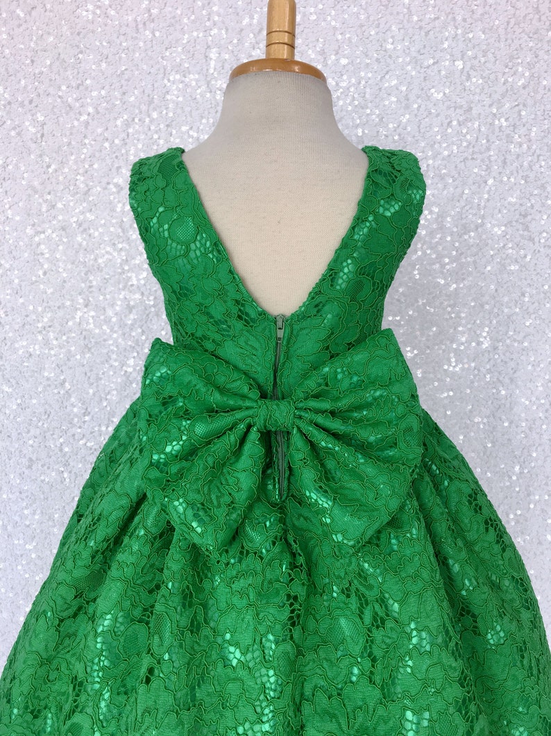 Holiday Spring Christmas Wedding Kelly Green French Lace Gown Bow Birthday Junior Toddler Easter Summer Holiday Pageant Photoshoot 2 4 6 8 image 4