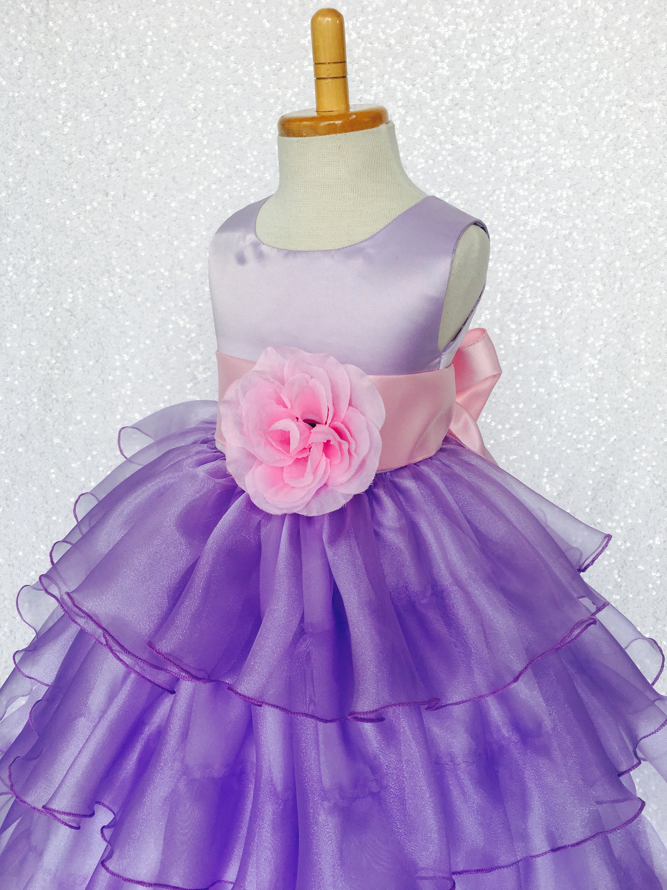 Organza Ruffle Lilac Gown Pink Satin Sash Flower Girl Wedding - Etsy