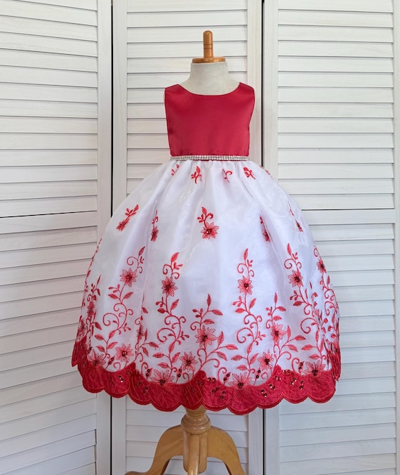 Red Floral Embroidery Flower Girl Dress: Elegant Wedding Pageant Gown Red Floral Embroidery Flower Girl Dress: Elegant Wedding Pageant Gown