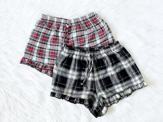 Plaid Shorts Ruffle Trim Pajama PJ Adult Women Sleepwear Bridesmaid  Birthday Sports Christmas Fall Winter Spring Elastic Waistband Holiday -   Israel