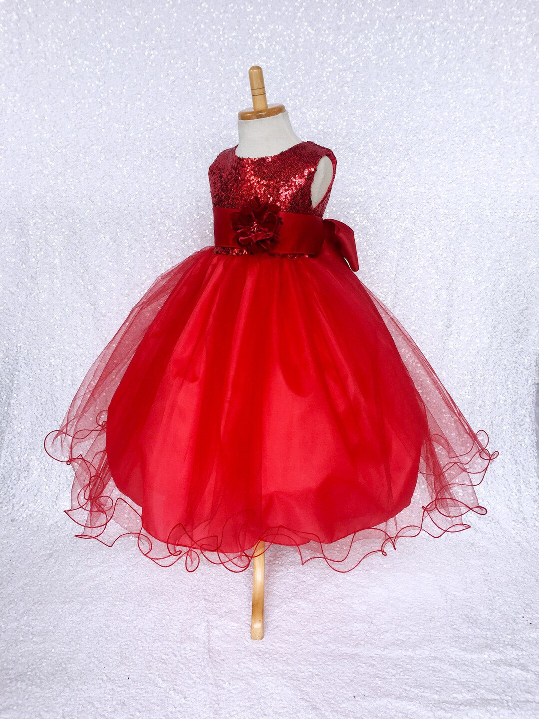 Red Mini Sequin Sequene Tulle Fishing Line Velvet Flower Girl Etsy