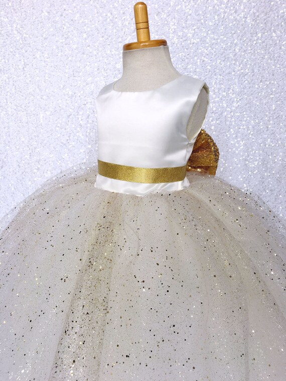Glitter Tulle Princess Dress: Ivory Satin Bodice, Gold Sequin Bow - Etsy