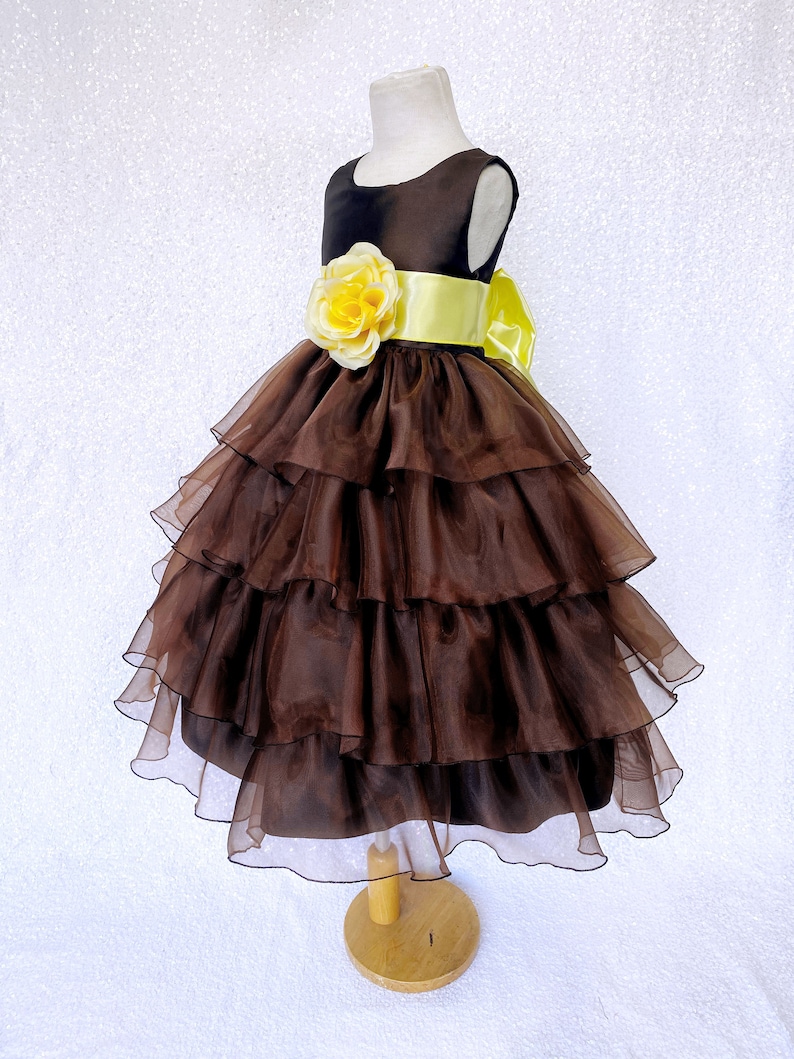 Organza Ruffle Brown Sleeveless Sage Satin Sash Gown Infant Newborn Flower Girl Wedding Birthday Party Graduation Ceremony Fall Spring Chic