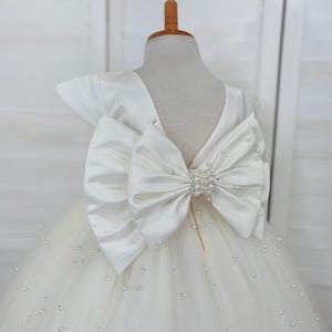 Ivory Pearl Tulle V-Back Ankle Length Bridesmaids Flower Girl Birthday Wedding Toddler Junior Birthday Double Big Bow Chic Trendy Girl Dress