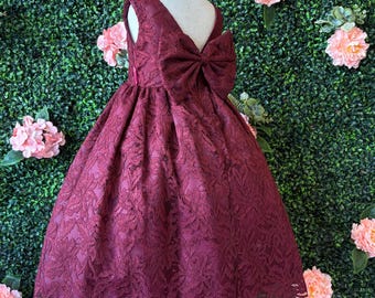 Vestido de niña de flores con encaje francés burdeos, espalda en V, para boda, fiesta, dama de honor, hasta el tobillo, para niña pequeña