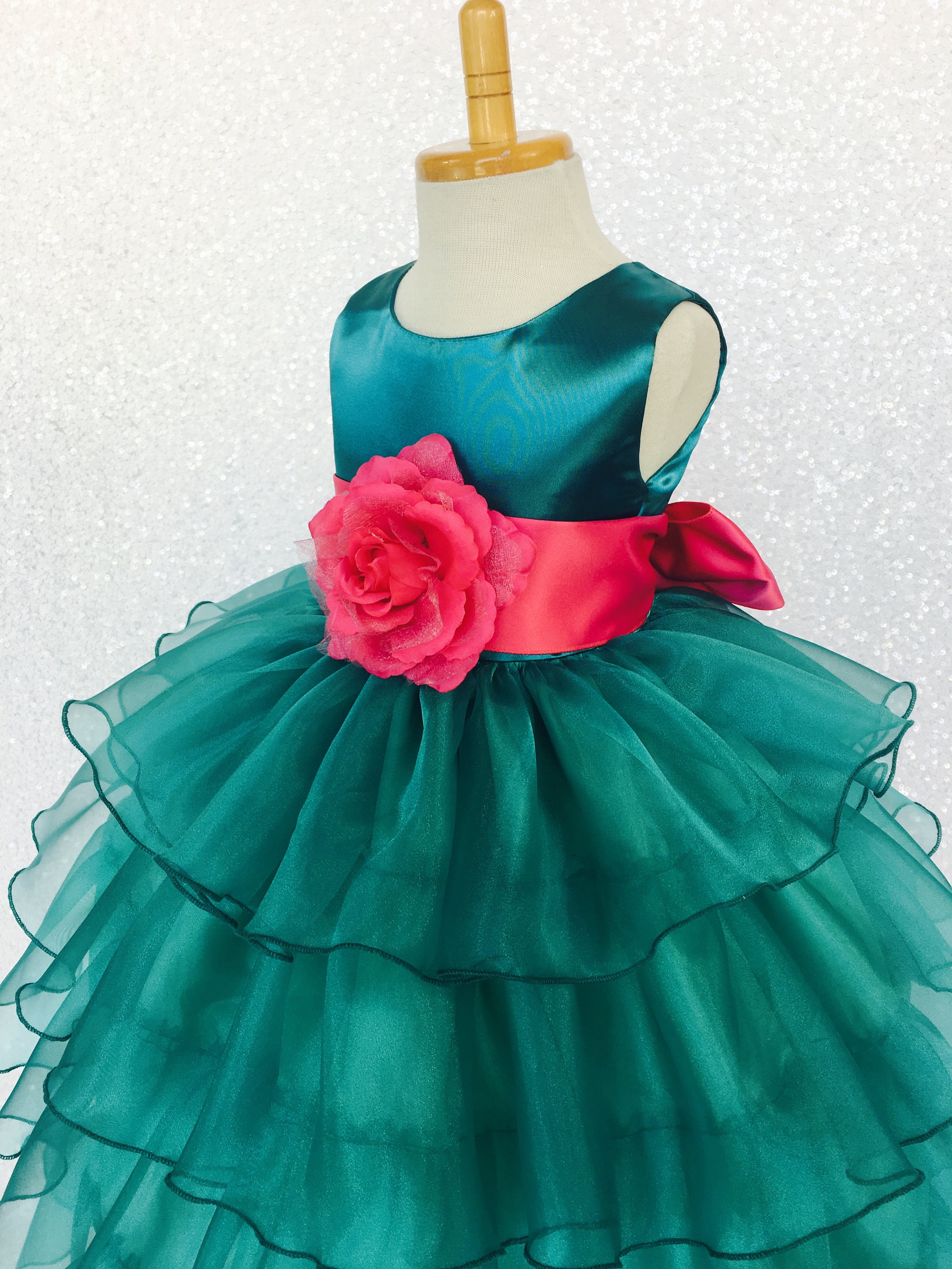 Teal Organza Ruffle Gown Fuchsia Satin Sash Flower Girl | Etsy