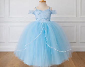 Vestido de princesa de tul azul bebé con hombros descubiertos para niñas pequeñas
