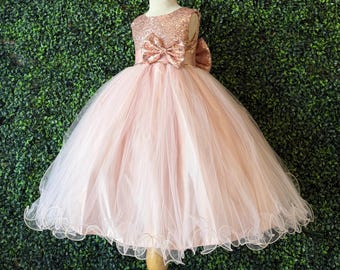 ローズゴールドのスパンコールフラワーガールチュールアンクルバースデープリンセス幼児ジュニアドレス