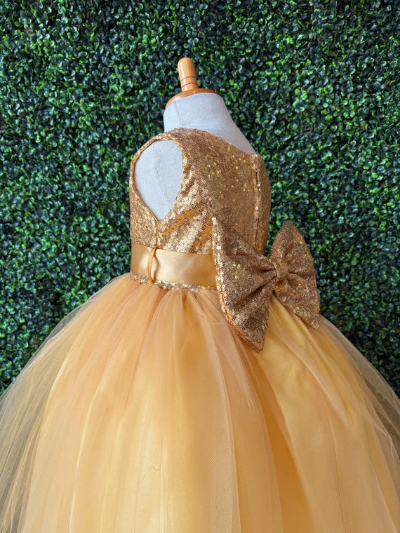 gold tulle dress Sequin Toddler Elegant Junior Flower Girl Sleeveless Ankle Length fairy ball gown dress