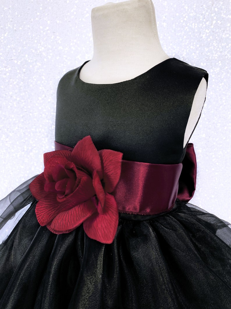 Formal Rustic Sleeveless Black Organza Ruffle Burgundy Satin Sash Gown Toddler Infant Flower Girl Birthday Pageant Christmas Halloween Fall