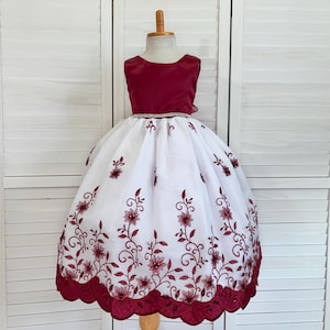 Burgundy Flower Girl Elegant Floral Embroidery Ankle Length Bridesmaids Pageant Birthday Infant Toddler Junior Holiday Winter Wedding Dress
