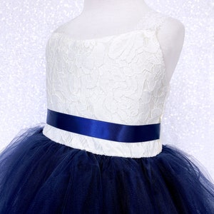 Miama Flower Girl Dress - Ivory Lace With Navy Blue Bow, Knee-Length Taffeta & Lace Dress For Weddings