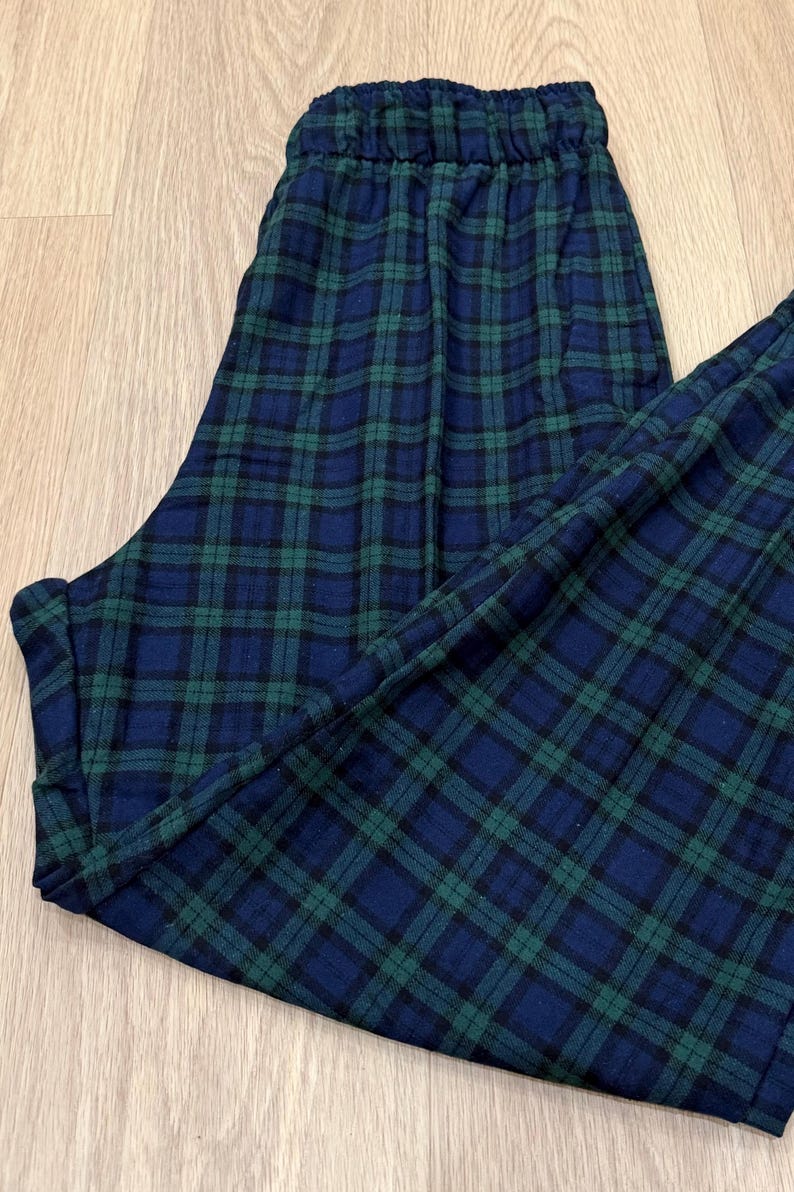Christmas Matching Plaid Flannel Pajama Pants: Unisex Cotton PJ Bottoms with Pockets Navy + Green Plaid