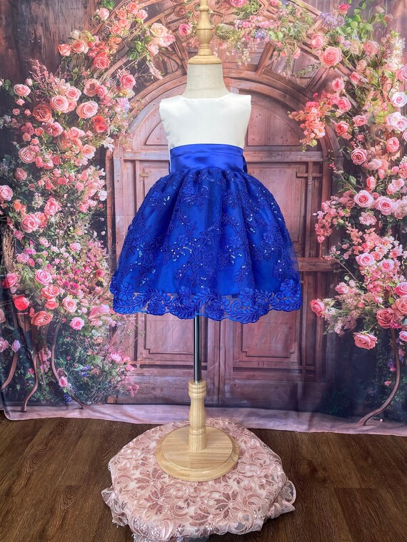 Off White Ivory Satin Royal Blue Floral Embroidery Dress Infant Newborn Bridesmaid Flower Girl Wedding Birthday Party Pageant Photoshoot 2 4 Etsy