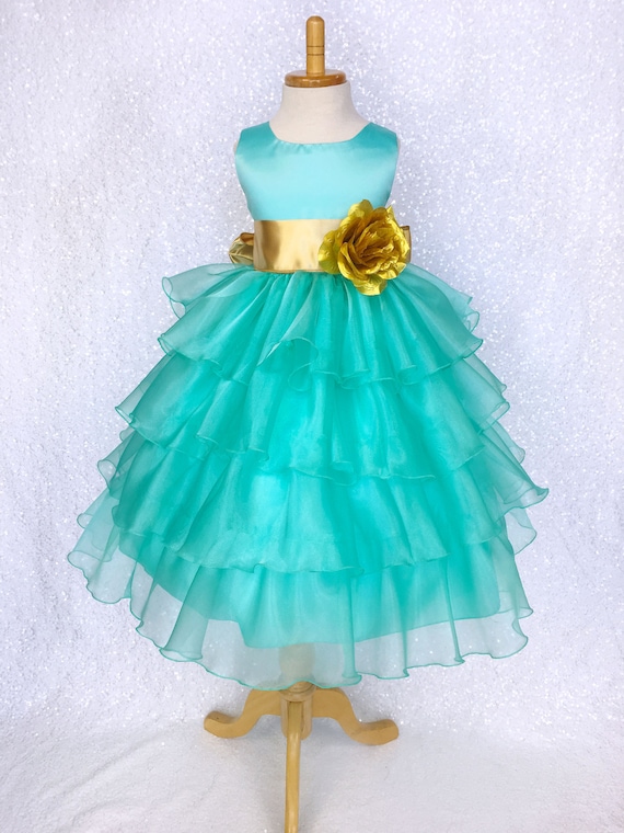 Organza Ruffle Aqua Dress Gold Satin Sash Flower Girl Wedding | Etsy
