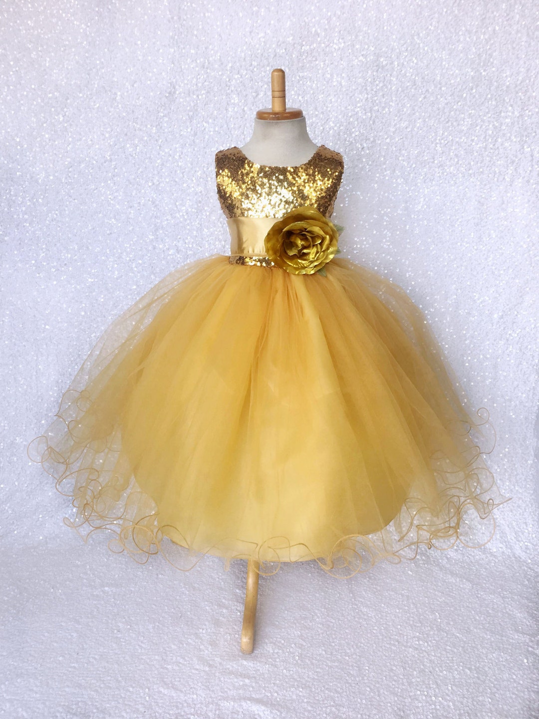 Fishing Line 2 Layer Tulle Gold Sequin Satin Sash Flower Girl Dress