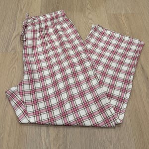 Christmas Matching Plaid Flannel Pajama Pants: Unisex Cotton PJ Bottoms with Pockets Pink + Yellow Plaid