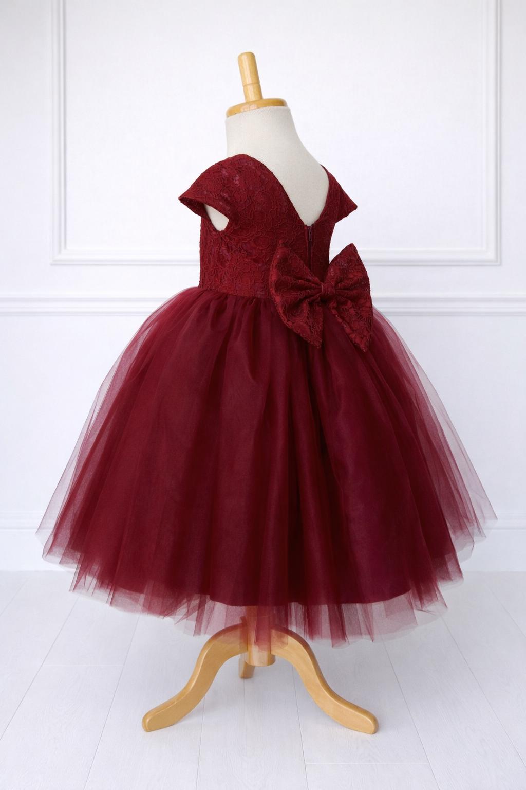 Flower Girl French Lace V-Back Burgundy Toddler Junior Bridesmaids Rustic Dress