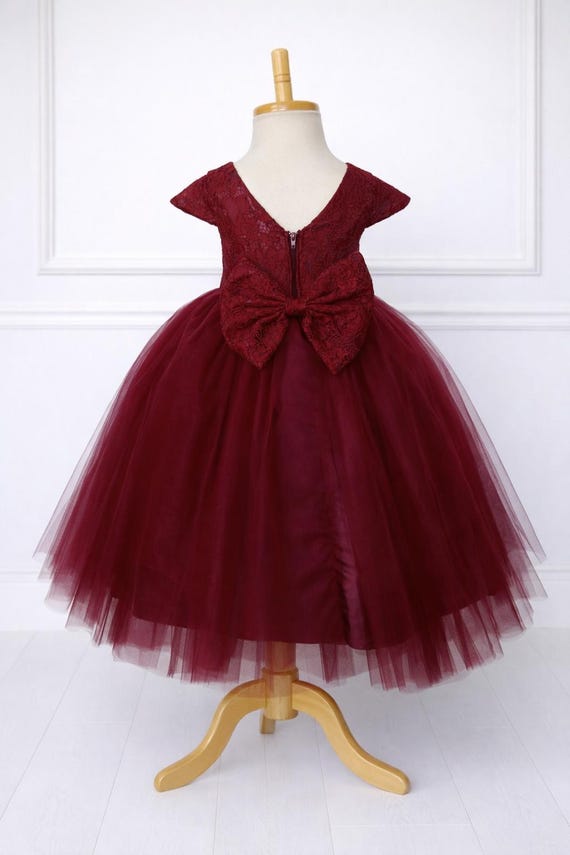 Flower Girl French Lace V-Back Burgundy Toddler Junior Bridesmaids Rustic Dress