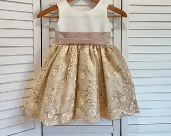 Champagne Flower Girl Dress: Ivory Bodice, Floral Embroidery