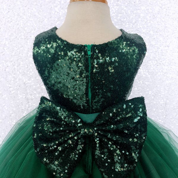 Holiday Hunter Green Sequin Bow Flower Girl Wedding Birthday Pageant Graduation Party Recital Bridesmaid  Winter Christmas Dress Forest