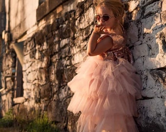 Rose Gold V Back Sleeveless Blush Tulle 