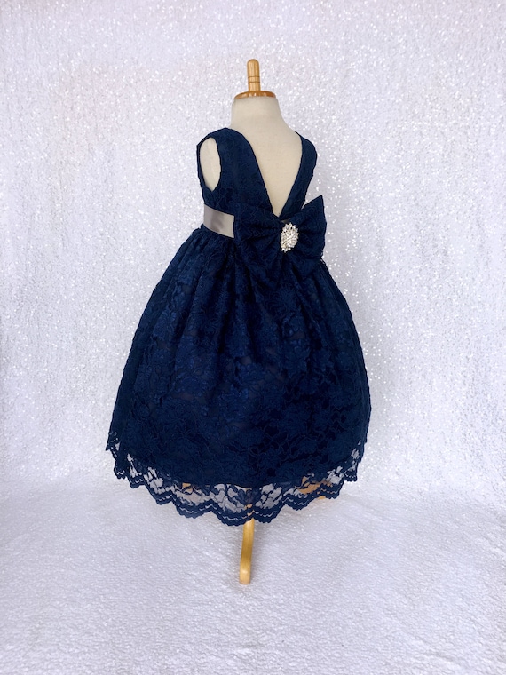 Flower Girl Holiday Communion Lace Navy Dress Rhinestone Silver Ribbon Fall  Winter Christmas Easter Holiday Baby Newborn Recital Pageant 