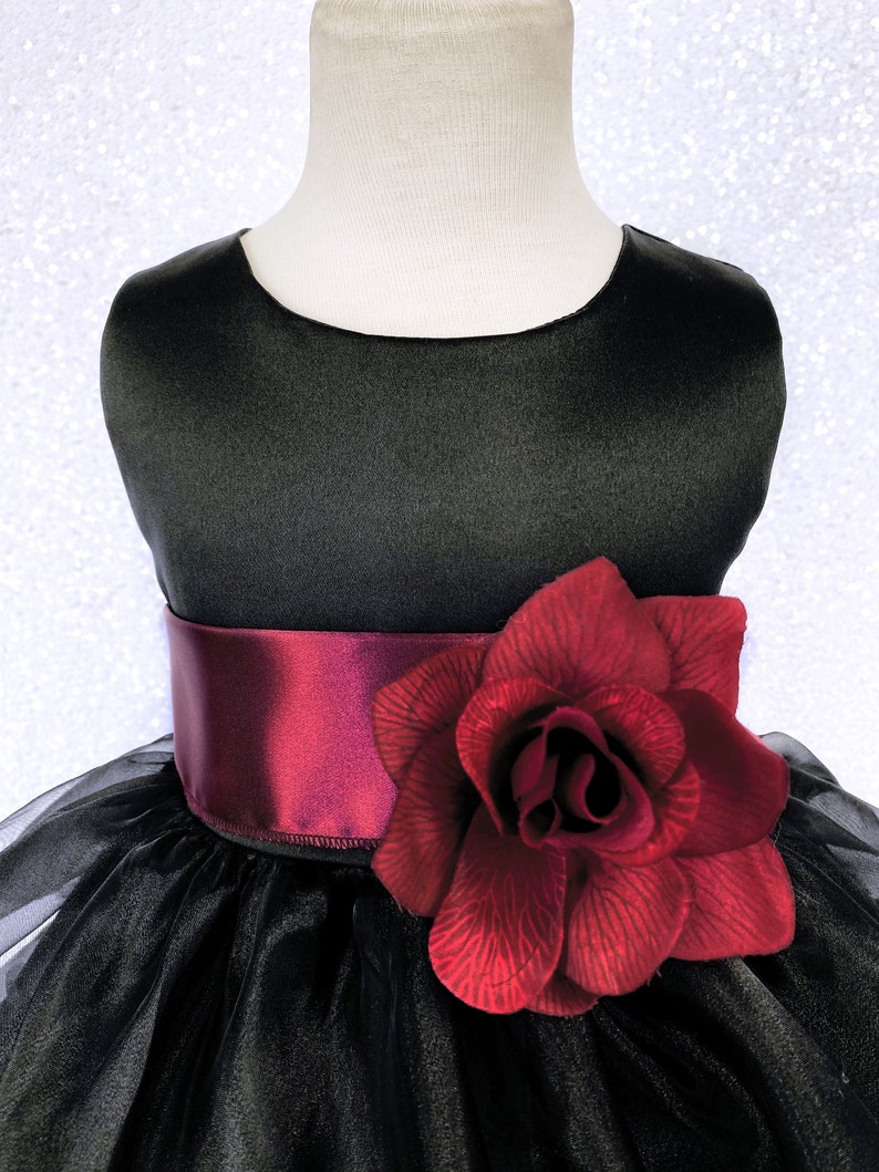 Formal Rustic Sleeveless Black Organza Ruffle Burgundy Satin Sash Gown Toddler Infant Flower Girl Birthday Pageant Christmas Halloween Fall