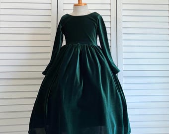 Hunter Green Velvet Long Sleeve Ankle Length V-Back Christmas Winter Fall Wedding Toddler Junior Bridesmaids Birthday Flower Girl Dress