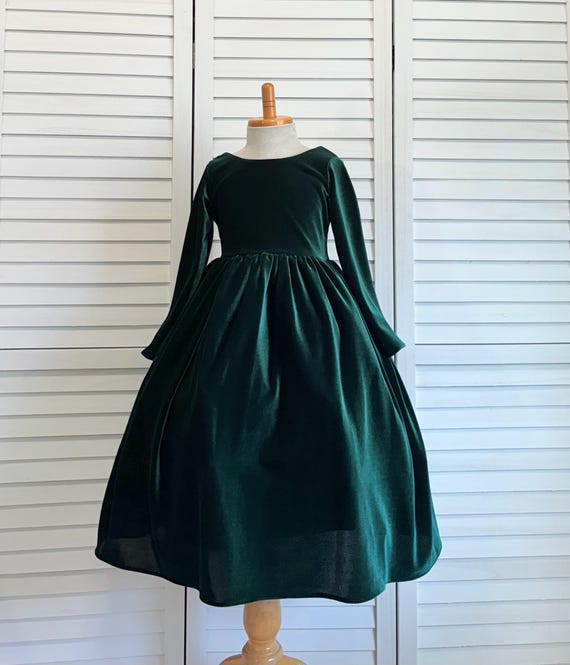 long sleeve green christmas dress Hunter Velvet V-back Flower Girl Maxi dress