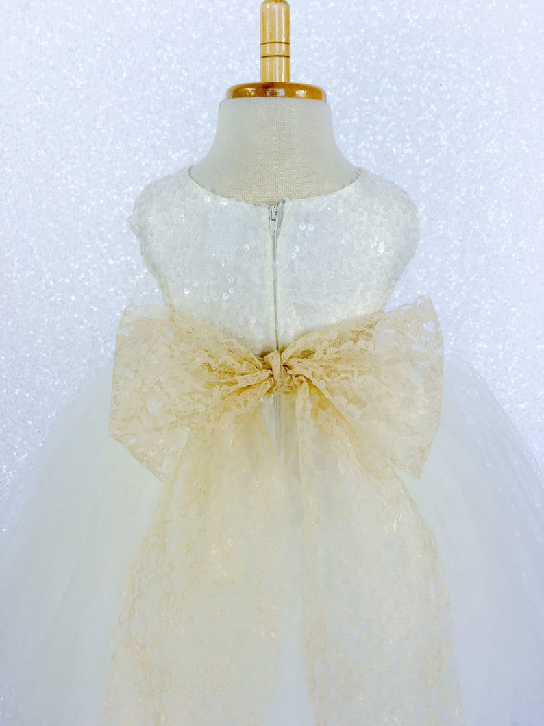 Ivory Sequin Sequence Champagne Lace Bow Tulle Flower Girl Gown Wedding Bridesmaid Country Rustic Party Fall Holiday Spring Photoshoot Fancy