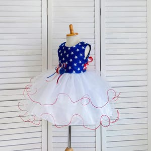 4th Of July Patriotic American Holiday Pageant Trendy Toddler Junior Girl Birthday Photoshoot Chic Red White Blue Knee Length White Tulle