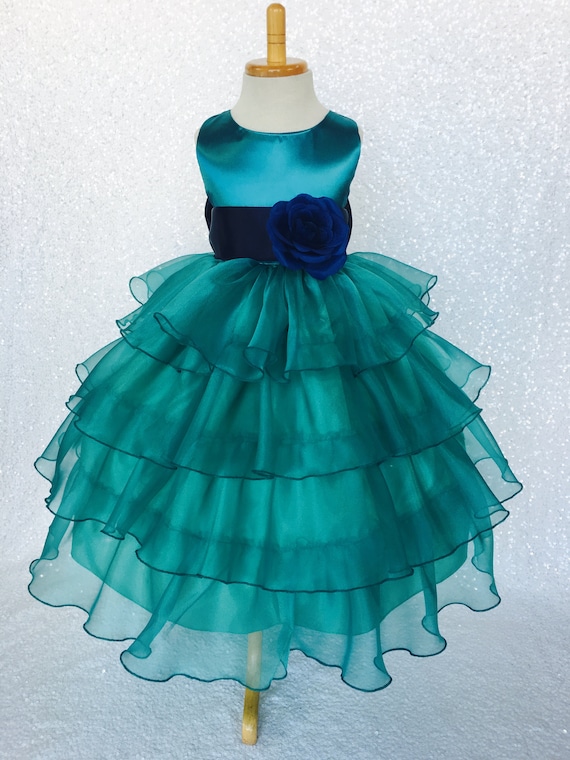 Vestido de organza verde azulado con volantes Azul marino Satén