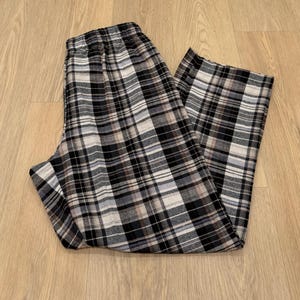 Christmas Matching Plaid Flannel Pajama Pants: Unisex Cotton PJ Bottoms with Pockets Black + Brown Plaid