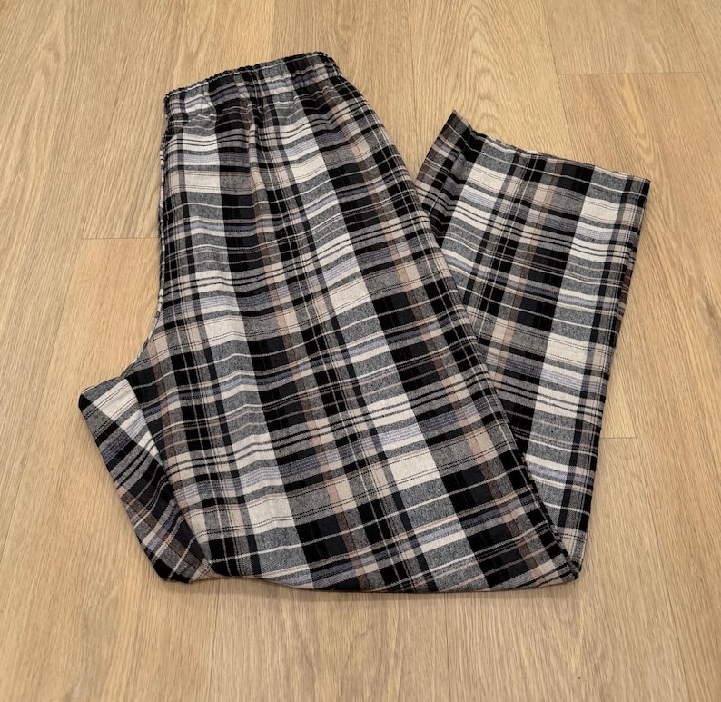 Christmas Matching Plaid Flannel Pajama Pants: Unisex Cotton PJ Bottoms with Pockets Black + Brown Plaid