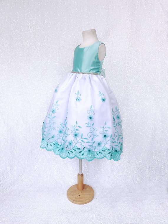 Aqua Flower Girl Dress: Embroidered Mesh, Rhinestone Waist - Etsy Israel