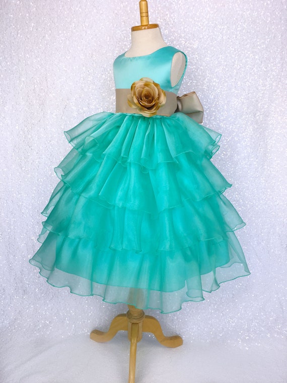 Organza Ruffle Aqua Champagne Satin Sash Flower Girl Gown | Etsy