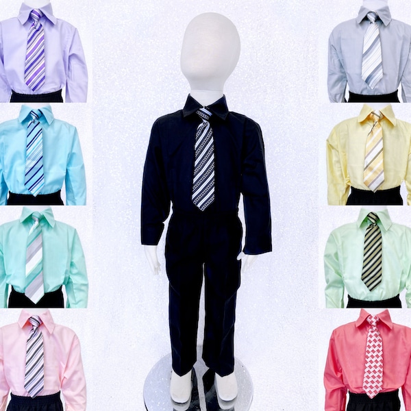 Boy Button Up Formal Long Sleeve Dress Shirt Clip-On Tie Junior Toddler Pageant Birthday Party Wedding Photoshoot Graduation 2 3 4 5 6 7 8