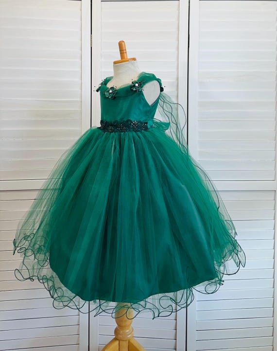 Hunter Green Tulle Flower Girl Dress: Elegant Christmas Ball Gown