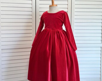 Red Velvet Long Sleeve Elegant Christmas Flower Girl Dress
