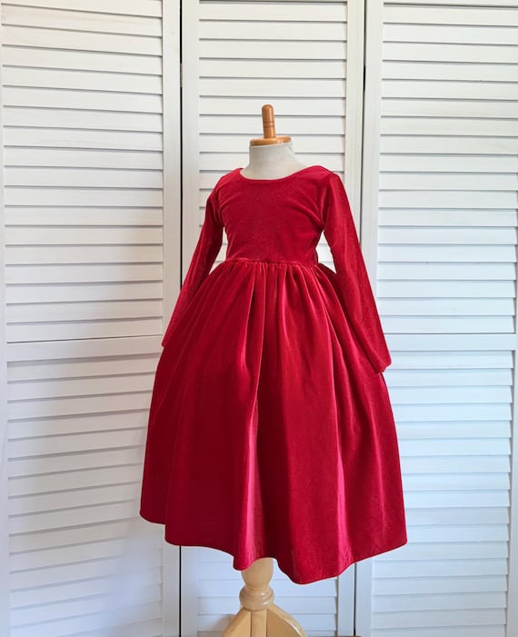Red Christmas Elegant Velvet Long Sleeve Ankle Length Flower Girl  Bridesmaids Infant Toddler Junior Girl Birthday Winter Girl Trendy Dress