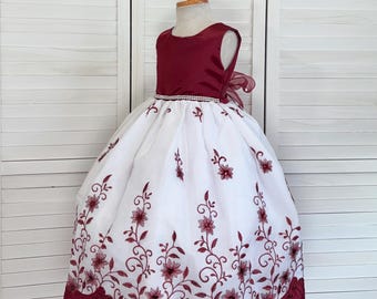 Burgundy Floral Embroidery Flower Girl Dress: Rustic Pageant Gown