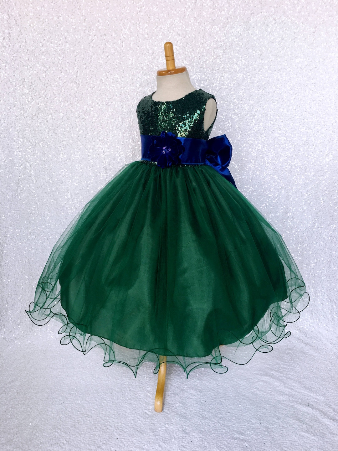 Girls Hunter Green Beaded Shoulder Crystal Belt Gown, Sizes 2-16