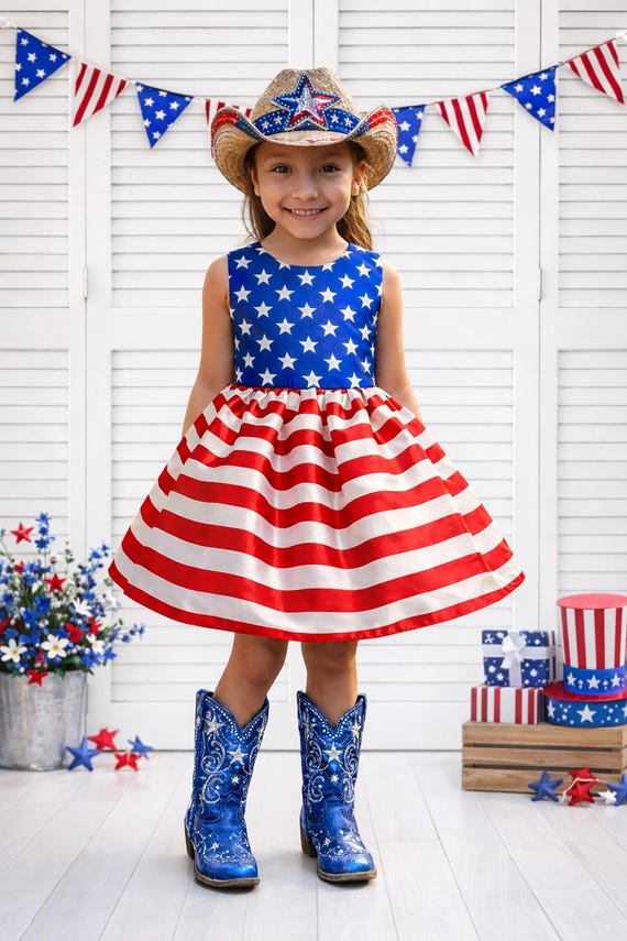 cute american flag dress Stars & Stripes 4th of July Patriotic Holiday Pageant Toddler Junior Light Sky-Blue Bandage Dress ww0812 Gingham 95% Polyester 5% Spandex Size:L (Length- 53 inches/ 136 cm)