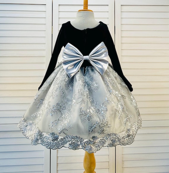 Christmas Black Velvet Long Sleeve Knee Length Silver Embroidery Toddler Dress